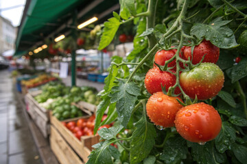 Moist bunches of red tomatoes hanging from the leaves at the market