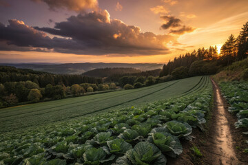 A field of green cabbage against an overcast sunset sky