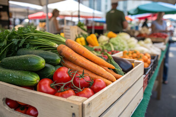 A crate of vegetables at the market, including carrots, tomatoes, cucumber, herbs