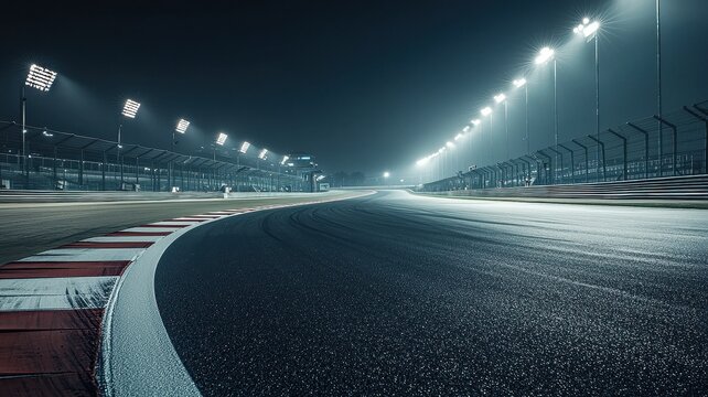 An empty F1 track illuminated by bright floodlights at night, showcasing the sleek asphalt and dramatic curves of the racing circuit in a tranquil atmosphere. - Powered by Adobe