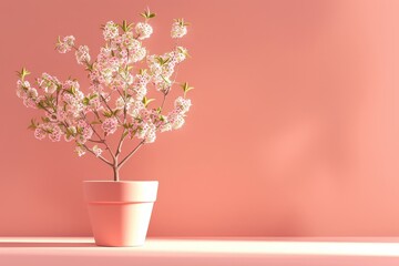 Fototapeta premium Delicate pink blossoms in a terracotta pot against a soft peach backdrop.