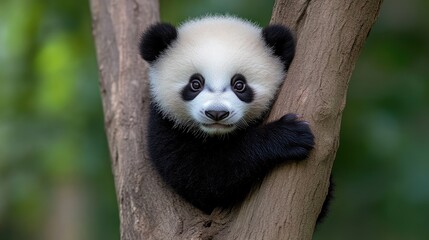 Adorable baby panda clinging to tree