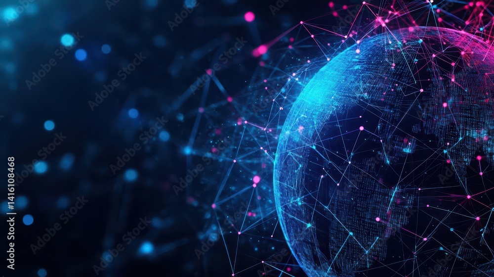 Poster abstract holographic world globe with many connection points symbolizing social media and life for business wallpaper background Generative AI