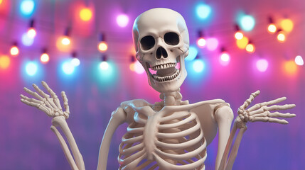 Skeleton Celebrating Joyfully Under Colorful Lights  