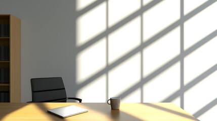 Naklejka premium Minimalist Office Space with Laptop and Coffee Mug on Wooden Desk