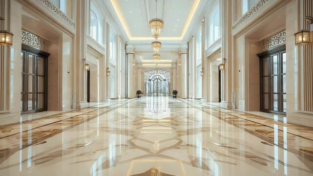Gleaming marble floors reflect light in a palatial hallway with elegant chandeliers and tall pillars