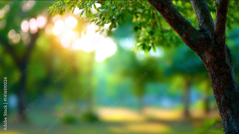 Poster sunlight shining through green trees in park setting for serene escape