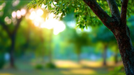 Obraz premium Sunlight Shining Through Green Trees in Park Setting for Serene Escape
