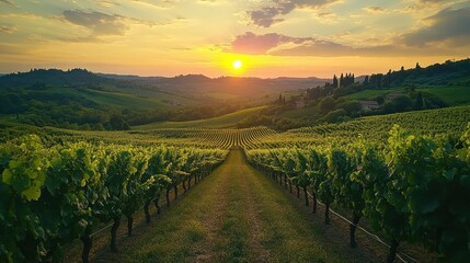 Fototapeta premium Tuscan Vineyard Sunset: Golden Hour in Italy's Rolling Hills