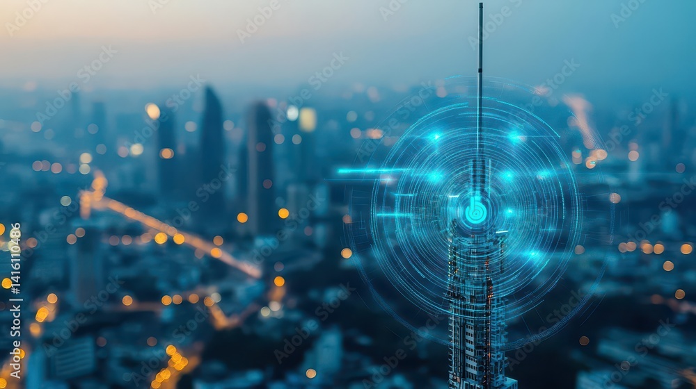 Aufkleber abstract telecommunication technology network located in the city, 5g internet network