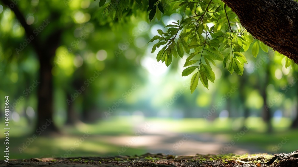 Poster tree branch with green leaves over blurry forest path background