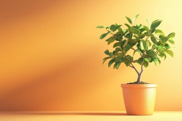 Obraz premium Muted orange backdrop highlights potted plant.
