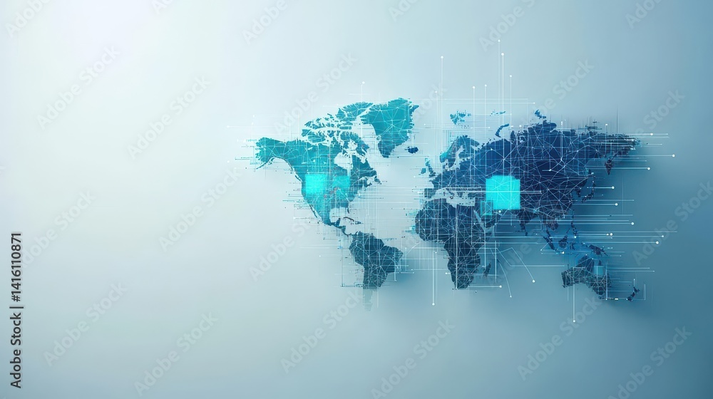 Poster Abstract world map with connected lines, representing global network and communication