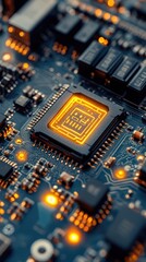 Fototapeta premium Intricate circuit board, detailed elements, glowing components, modern tech