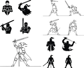 Male Knight with Sword Silhouette | Warrior Vector Set Knight in Armor Silhouette Pack | Medieval Sword Fighter