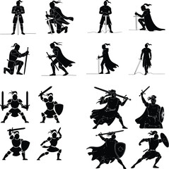 Obraz premium Male Knight with Sword Silhouette | Warrior Vector Set Knight in Armor Silhouette Pack | Medieval Sword Fighter