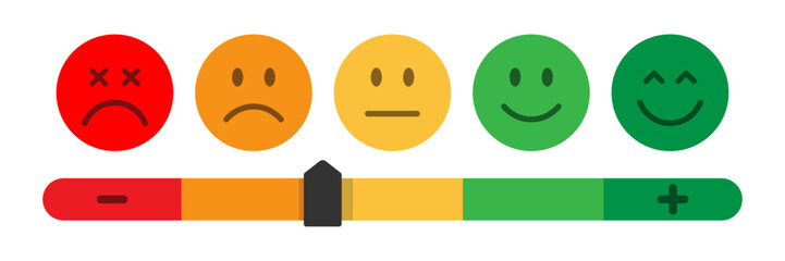 Colorful feedback scale with five emoticons from sad to happy, including a rating slider. Perfect for surveys, reviews, user experience, and satisfaction metrics. Rating emoji, feedback, icons.
