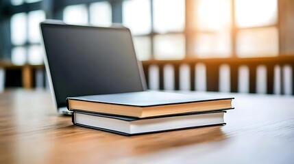 Laptop on Table with Textbooks in Bright and Cozy Library Setting