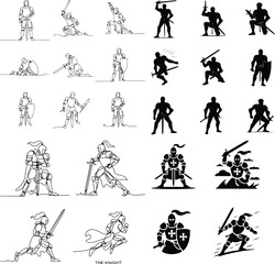 Male Knight with Sword Silhouette | Warrior Vector Set Knight in Armor Silhouette Pack | Medieval Sword Fighter