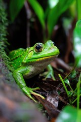 Fototapeta premium The lively emerald frog resides in the rich environment near the Amazon River.