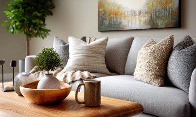 Cozy living room featuring a wooden coffee table,  a grey sofa, and various decorative items