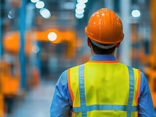 Back view of professional engineer manager man in a protective vest and helmet visits a factory