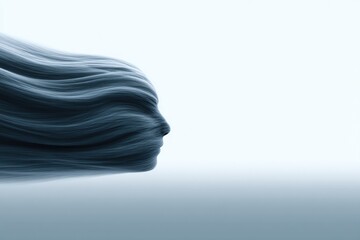 Abstract digital head shape made from dark fluid lines merging into pale blue sky background symbolizing virtual consciousness and minimal futuristic atmosphere