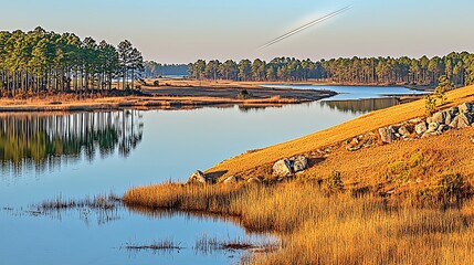 Fototapeta premium Tranquil Waterscape at Dawn with Reflections and Natural Surroundings