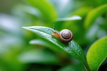 Tiny snail resting on a spiraled green leaf, enjoying the gentle breeze.
