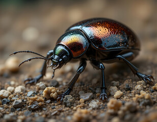 Ground Beetle Crawling on the Ground Macro Shot