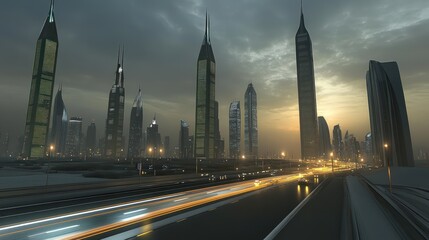 Naklejka premium Futuristic city highway sunset traffic