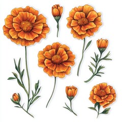 Vibrant orange marigold flowers set, detailed botanical illustration