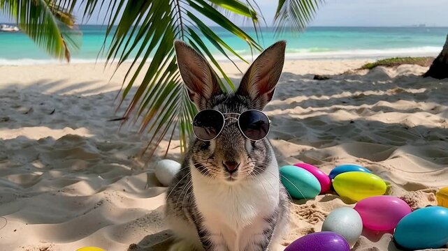 A playful rabbit wearing stylish, reflective sunglasses sits still and upright on warm, golden sand at a stunning tropical beach