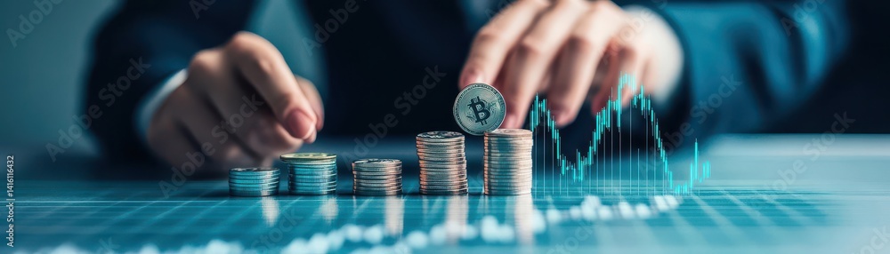 Poster banner increases and decreases woman moves her coins go up on chart and man try to catch up money go