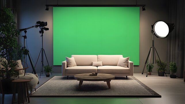 featuring soft natural lighting, neutral furniture, and a green screen canvas mounted on a plain wall for customizable digital inserts