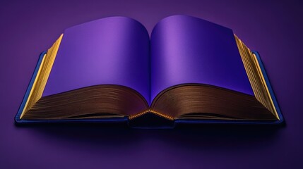 Open book with purple pages and gold trim, illuminated on a purple background