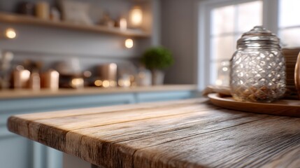 Rustic Wooden Table with Jar in Bright Kitchen for Product Display