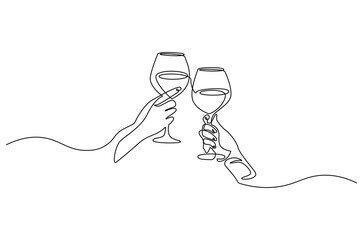 Obraz premium Continuous one line drawing of cheers two glasses with red wine. Single line drawing illustration Hands hold wine clinking glasses. Wine glass concept vector art. Doodle line illustration.