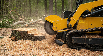 Yellow stump grinder cutting tree stump. Wood chips fly. Wood removal process. Construction equipment. Land clearing, wood waste, landscape. Forestry work. Tree service.