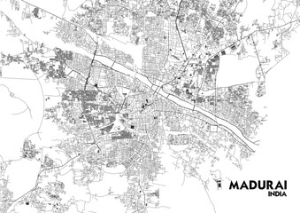 Fototapeta premium vector map of highway in madurai, india with black and white theme colors detail