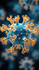 Blue virus with orange spikes, scientific image, microscopic view, cell