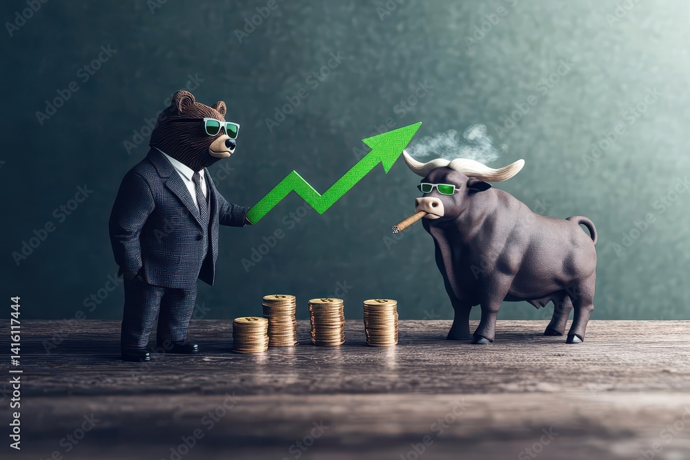 Poster bear in suit with sunglasses and bull in suit with cigar, staring at bitcoin with green upward arrow