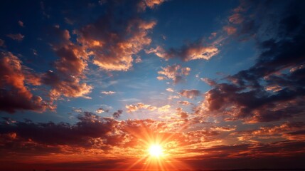 Obraz premium Dramatic Sunset Sky with Sun Rays and Clouds for Inspiration