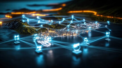 Innovative network connectivity solutions urban landscape digital art high-tech environment elevated view data transformation