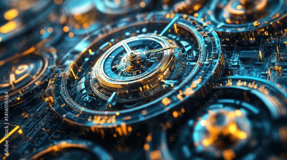 Poster abstract futuristic clockwork mechanism: a symphony of gears and circuits