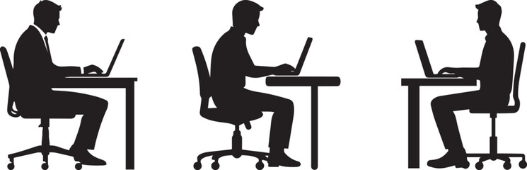 Silhouette Men Working on Laptops at Desks Vector Set