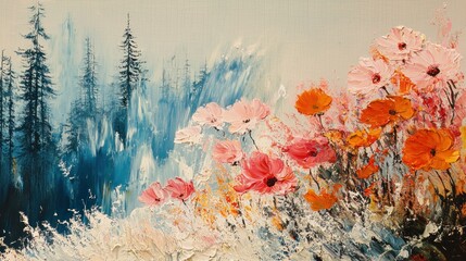 Serene Floral Landscape: A Symphony of Pink and Orange Blossoms Against a Misty Blue Forest