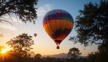 Obraz premium Vibrant Hot Air Balloon Soaring at Sunrise A Breathtaking Aerial View