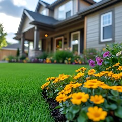 Front yard landscaping with vibrant flowers
