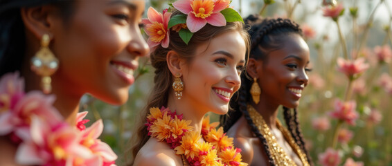 An Ethereal Gathering of Women Celebrating Beauty and Diversity, with Intricate Jewelry and a Romantic Floral Ambiance.